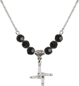 18" Rhodium Plated Necklace with 4mm Jet Crystal Beads featuring a Sterling Silver Saint Brigid Cross Medal.