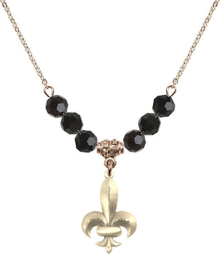 18" Hamilton Gold Plated Necklace with 4mm Jet Crystal Beads featuring a 14kt Gold Filled Fleur de Lis Medal.