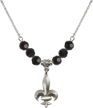 18" Rhodium Plated Necklace with 4mm Jet Crystal Beads featuring a Sterling Silver Fleur de Lis Medal.