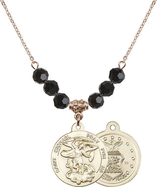 18" Hamilton Gold Plated Necklace with 4mm Jet Crystal Beads featuring a 14kt Gold Filled Saint Michael / Air Force Medal.