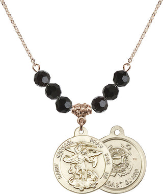 18" Hamilton Gold Plated Necklace with 4mm Jet Crystal Beads featuring a 14kt Gold Filled Saint Michael / Coast Guard Medal.