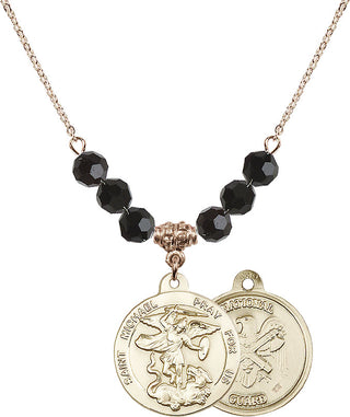 18" Hamilton Gold Plated Necklace with 4mm Jet Crystal Beads featuring a 14kt Gold Filled Saint Michael / Nat'l Guard Medal.