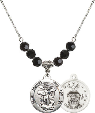 18" Rhodium Plated Necklace with 4mm Jet Crystal Beads featuring a Sterling Silver Saint Michael / Air Force Medal.