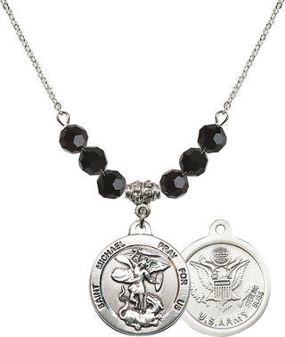 18" Rhodium Plated Necklace with 4mm Jet Crystal Beads featuring a Sterling Silver Saint Michael / Army Medal.