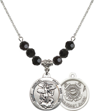 18" Rhodium Plated Necklace with 4mm Jet Crystal Beads featuring a Sterling Silver Saint Michael / Coast Guard Medal.