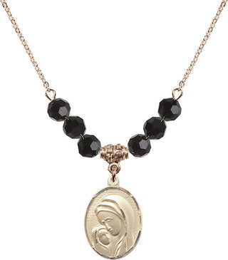 18" Hamilton Gold Plated Necklace with 4mm Jet Crystal Beads featuring a 14kt Gold Filled Madonna & Child Medal.
