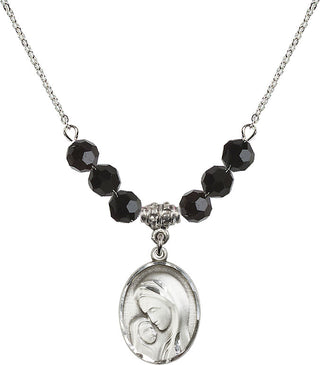 18" Rhodium Plated Necklace with 4mm Jet Crystal Beads featuring a Sterling Silver Madonna & Child Medal.