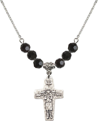 18" Rhodium Plated Necklace with 4mm Jet Crystal Beads featuring a Sterling Silver Papal Crucifix Medal.