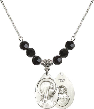 18" Rhodium Plated Necklace with 4mm Jet Crystal Beads featuring a Sterling Silver Sorrowful Mother Medal.
