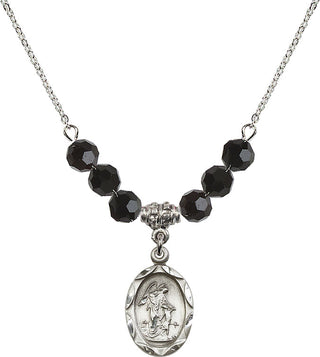 18" Rhodium Plated Necklace with 4mm Jet Crystal Beads featuring a Sterling Silver Guardian Angel Medal. Engraved Catholic Saint Jewelry