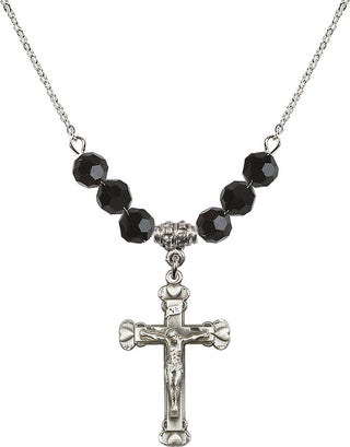 18" Rhodium Plated Necklace with 4mm Jet Crystal Beads featuring a Sterling Silver Crucifix Medal.