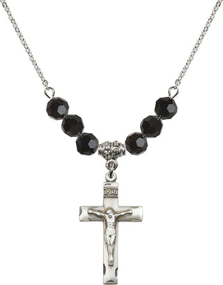 18" Rhodium Plated Necklace with 4mm Jet Crystal Beads featuring a Sterling Silver Crucifix Medal.