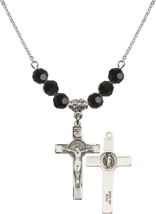 18" Rhodium Plated Necklace with 4mm Jet Crystal Beads featuring a Sterling Silver Saint Benedict Crucifix Medal.