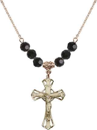 18" Hamilton Gold Plated Necklace with 4mm Jet Crystal Beads featuring a 14kt Gold Filled Crucifix Medal.