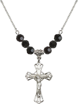 18" Rhodium Plated Necklace with 4mm Jet Crystal Beads featuring a Sterling Silver Crucifix Medal.