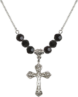 18" Rhodium Plated Necklace with 4mm Jet Crystal Beads featuring a Sterling Silver Crucifix Medal.