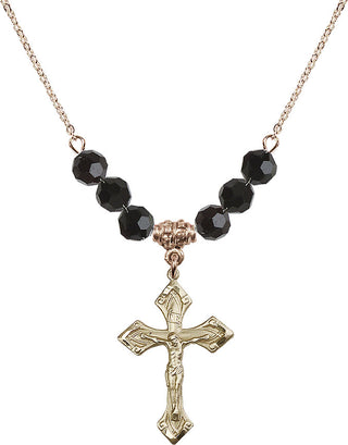 18" Hamilton Gold Plated Necklace with 4mm Jet Crystal Beads featuring a 14kt Gold Filled Crucifix Medal.