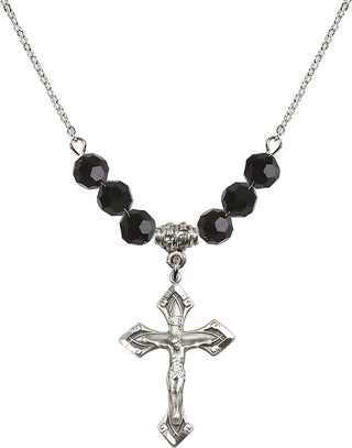 18" Rhodium Plated Necklace with 4mm Jet Crystal Beads featuring a Sterling Silver Crucifix Medal.