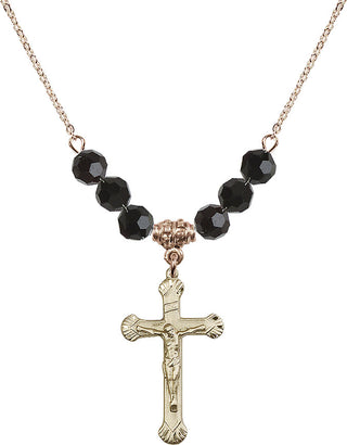 18" Hamilton Gold Plated Necklace with 4mm Jet Crystal Beads featuring a 14kt Gold Filled Crucifix Medal.