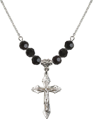 18" Rhodium Plated Necklace with 4mm Jet Crystal Beads featuring a Sterling Silver Crucifix Medal.