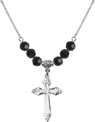 18" Rhodium Plated Necklace with 4mm Jet Crystal Beads featuring a Sterling Silver Cross Medal.