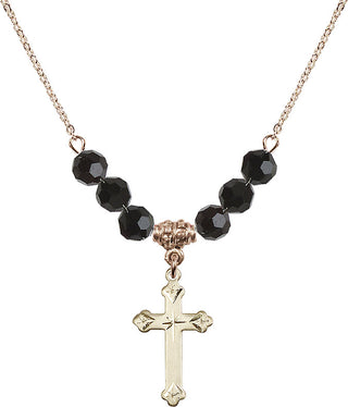 18" Hamilton Gold Plated Necklace with 4mm Jet Crystal Beads featuring a 14kt Gold Filled Cross Medal.