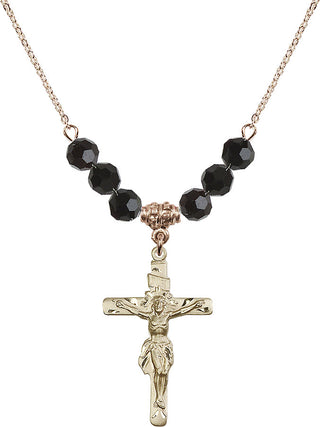18" Hamilton Gold Plated Necklace with 4mm Jet Crystal Beads featuring a 14kt Gold Filled Crucifix Medal.