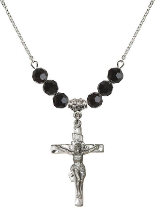 18" Rhodium Plated Necklace with 4mm Jet Crystal Beads featuring a Sterling Silver Crucifix Medal.