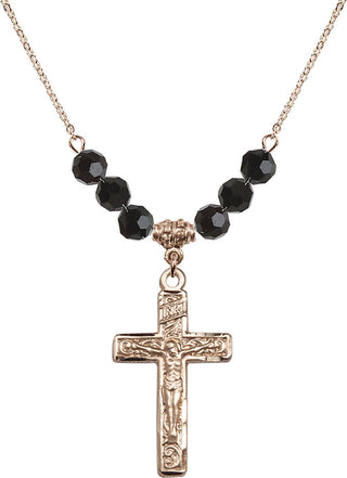 18" Hamilton Gold Plated Necklace with 4mm Jet Crystal Beads featuring a 14kt Gold Filled Crucifix Medal.