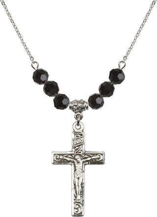 18" Rhodium Plated Necklace with 4mm Jet Crystal Beads featuring a Sterling Silver Crucifix Medal.