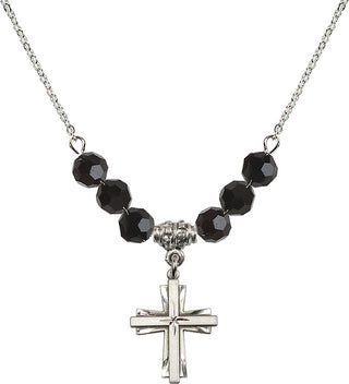 18" Rhodium Plated Necklace with 4mm Jet Crystal Beads featuring a Sterling Silver Cross Medal.