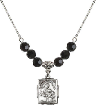 18" Rhodium Plated Necklace with 4mm Jet Crystal Beads featuring a Sterling Silver Saint Ann Medal. Engraved Catholic Saint Jewelry
