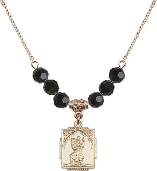18" Hamilton Gold Plated Necklace with 4mm Jet Crystal Beads featuring a 14kt Gold Filled Saint Christopher Medal. Engraved Catholic Saint Jewelry