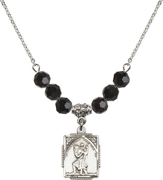 18" Rhodium Plated Necklace with 4mm Jet Crystal Beads featuring a Sterling Silver Saint Christopher Medal. Engraved Catholic Saint Jewelry