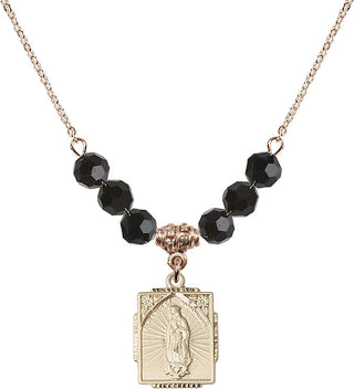 18" Hamilton Gold Plated Necklace with 4mm Jet Crystal Beads featuring a 14kt Gold Filled Our Lady of Guadalupe Medal. Engraved Catholic Saint Jewelry