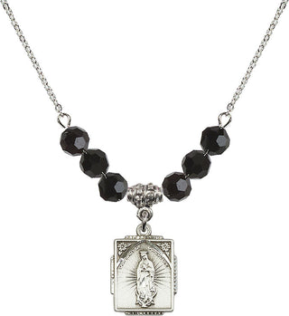 18" Rhodium Plated Necklace with 4mm Jet Crystal Beads featuring a Sterling Silver Our Lady of Guadalupe Medal. Engraved Catholic Saint Jewelry