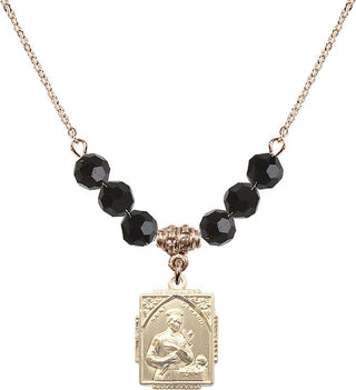 18" Hamilton Gold Plated Necklace with 4mm Jet Crystal Beads featuring a 14kt Gold Filled Saint Gerard Medal. Engraved Catholic Saint Jewelry