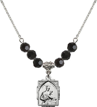 18" Rhodium Plated Necklace with 4mm Jet Crystal Beads featuring a Sterling Silver Saint Gerard Medal. Engraved Catholic Saint Jewelry