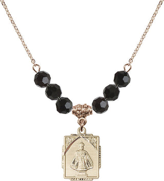 18" Hamilton Gold Plated Necklace with 4mm Jet Crystal Beads featuring a 14kt Gold Filled Infant of Prague Medal. Engraved Catholic Saint Jewelry