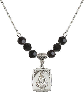 18" Rhodium Plated Necklace with 4mm Jet Crystal Beads featuring a Sterling Silver Infant of Prague Medal. Engraved Catholic Saint Jewelry