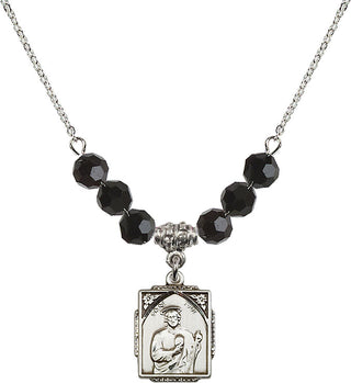 18" Rhodium Plated Necklace with 4mm Jet Crystal Beads featuring a Sterling Silver Saint Jude Medal. Engraved Catholic Saint Jewelry