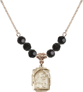 18" Hamilton Gold Plated Necklace with 4mm Jet Crystal Beads featuring a 14kt Gold Filled Saint Joseph Medal. Engraved Catholic Saint Jewelry