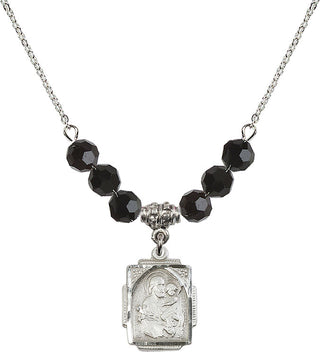 18" Rhodium Plated Necklace with 4mm Jet Crystal Beads featuring a Sterling Silver Saint Joseph Medal. Engraved Catholic Saint Jewelry