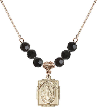 18" Hamilton Gold Plated Necklace with 4mm Jet Crystal Beads featuring a 14kt Gold Filled Miraculous Medal. Engraved Catholic Saint Jewelry