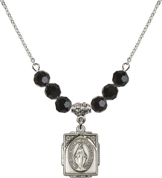 18" Rhodium Plated Necklace with 4mm Jet Crystal Beads featuring a Sterling Silver Miraculous Medal. Engraved Catholic Saint Jewelry