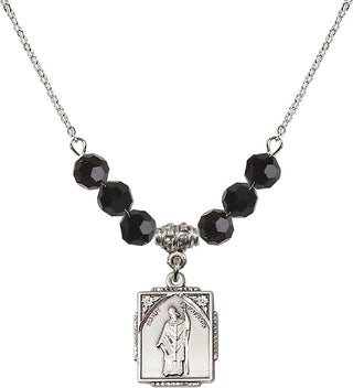 18" Rhodium Plated Necklace with 4mm Jet Crystal Beads featuring a Sterling Silver Saint Patrick Medal. Engraved Catholic Saint Jewelry