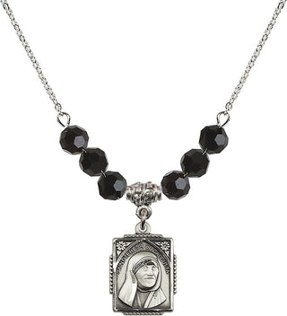 18" Rhodium Plated Necklace with 4mm Jet Crystal Beads featuring a Sterling Silver Saint Teresa of Calcutta Medal. Engraved Catholic Saint Jewelry