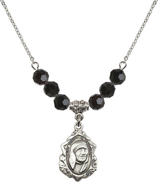 18" Rhodium Plated Necklace with 4mm Jet Crystal Beads featuring a Sterling Silver Saint Teresa of Calcutta Medal.