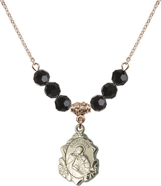 18" Hamilton Gold Plated Necklace with 4mm Jet Crystal Beads featuring a 14kt Gold Filled Saint Ann Medal. Engraved Catholic Saint Jewelry