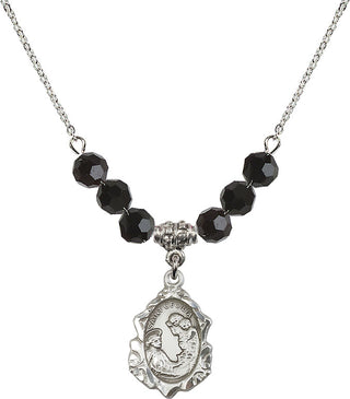 18" Rhodium Plated Necklace with 4mm Jet Crystal Beads featuring a Sterling Silver Saint Cecilia Medal. Engraved Catholic Saint Jewelry